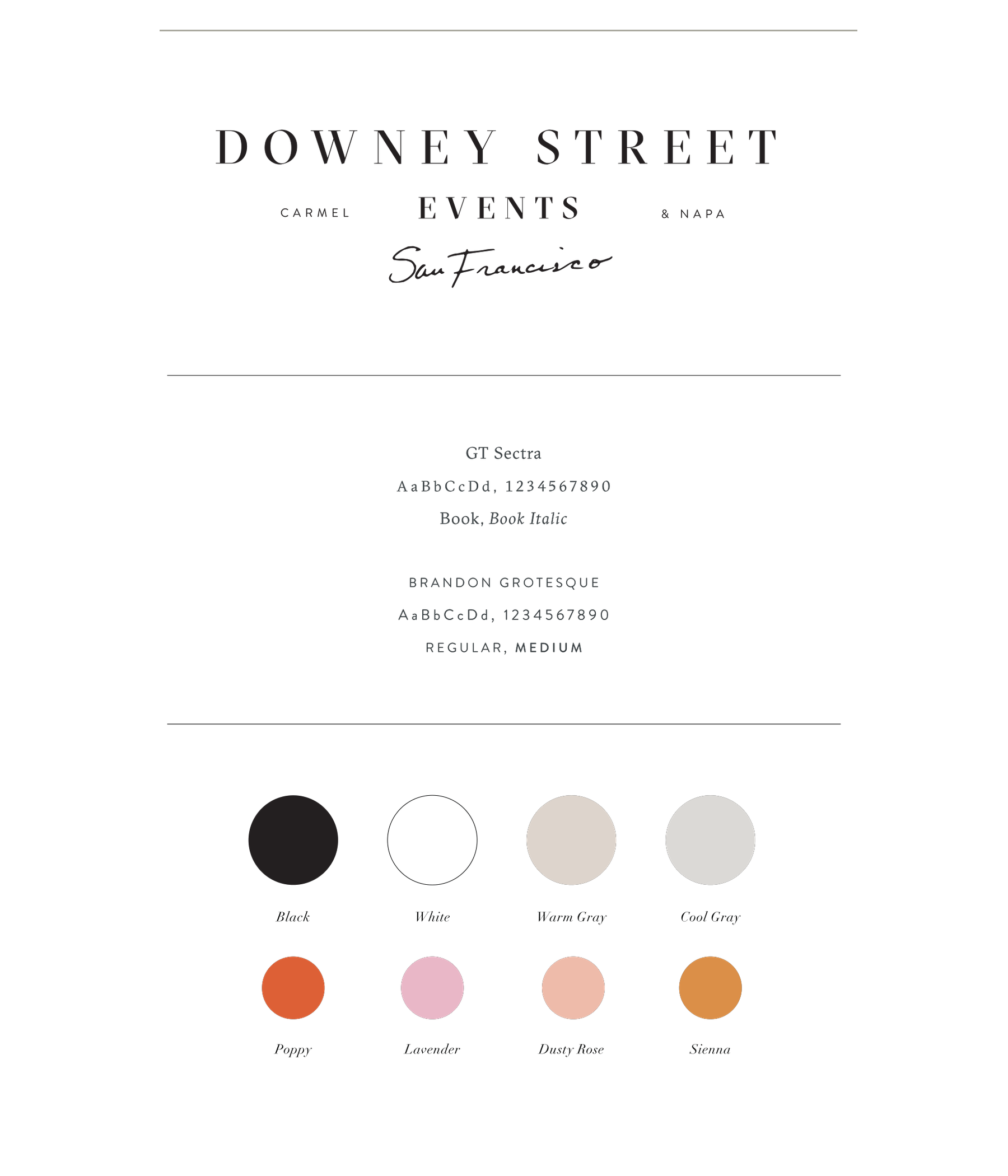 Downey Street Events brand guidelines: wordmark, GT Sectra and Brandon Grotesque typography, and color palette
